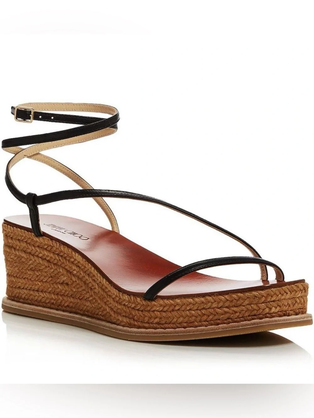 Jimmy Choo Drive 60 Leather Strappy Espadrille Wedge Sandal Black 37.5 7.5 New